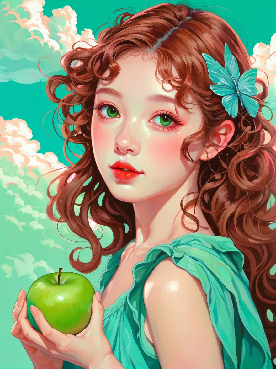 Graphic illustration,Vector illustration,((painting,painting笔触)), ((一幅painting,Draw a portrait of a young girl,Slender neck,Look up,Red face,Green apple on head,Look at the camera)),Pink clouds on turquoise sky, Girly Brown Curly Hair,of skirts,Warm color scheme,Thick lips,Big pale green eyes,painting笔触,Fine hair,Sweet colors,Illustration style,Portrait of a fairy,Fantasy portraits, Cartoon Style, (((full-body shot))), Super Detail, Anatomically correct, masterpiece, precise