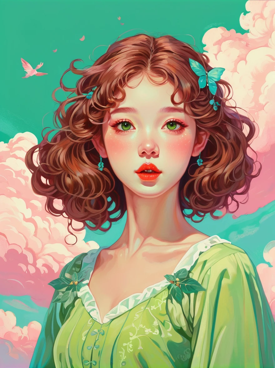 Graphic illustration，Vector illustration，((painting，painting笔触)), ((一幅painting，Draw a portrait of a young girl，Slender neck，Look up，Red face，Green apple on head，Look at the camera))，Pink clouds on turquoise sky, Girly Brown Curly Hair，of skirts，Warm color scheme，Thick lips，Big pale green eyes，painting笔触，Fine hair，Sweet colors，Illustration style，Portrait of a fairy，Fantasy portraits, Cartoon Style, (((full-body shot))), Super Detail, Anatomically correct, masterpiece, precise
