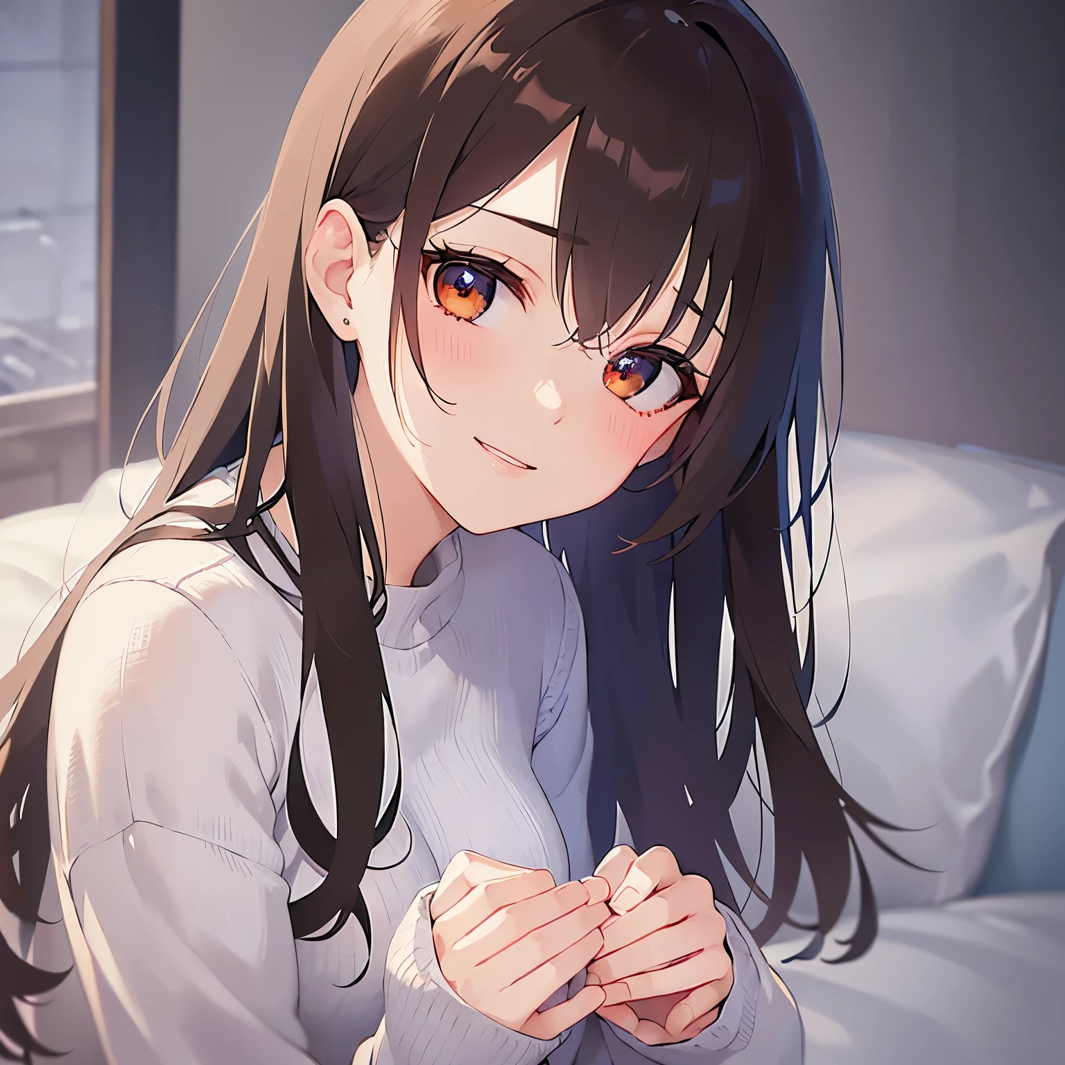 clasping own hands, looking up, wearing an oversized men's shirt. The shirt is too large for her, giving a baggy and loose appearance. upper body, (pale skin: 1.2), shiny skin, shiny hair、(A 25-year-old woman with medium-length hair and bangs) and (wavy hair) and (brown hair) and (orange eyes) , smile, blush, The background is the living room、Alone、