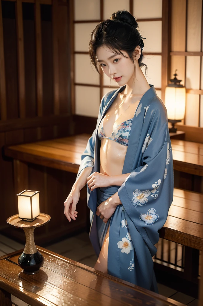 (((best quality))),(((ultra detailed))),(((masterpiece))),illustration,((1 beautiful Japannese girl,solo)),((slim,thin)),((small breasts,flat chest)),(in izakaya:1.3),(summer:1.2),(rainy:1.3),(indoor:1.2),(night scene:1.3),(wet:1.3),(collar:1.2),(blue floral kimono:1.3),neat bun,porcelain skin,(slender legs:1.2),rouge,dimly lit,warm glow,ethereal,(standing beside the table:1.3),sake bottle,half-empty glass,tray,grilled fish,steamed vegetables,half-eaten,melancholic smile,storm,solitude,enigmatic aura,tranquility,chaos,simplicity,mysterious,captivating,((from front,full body))