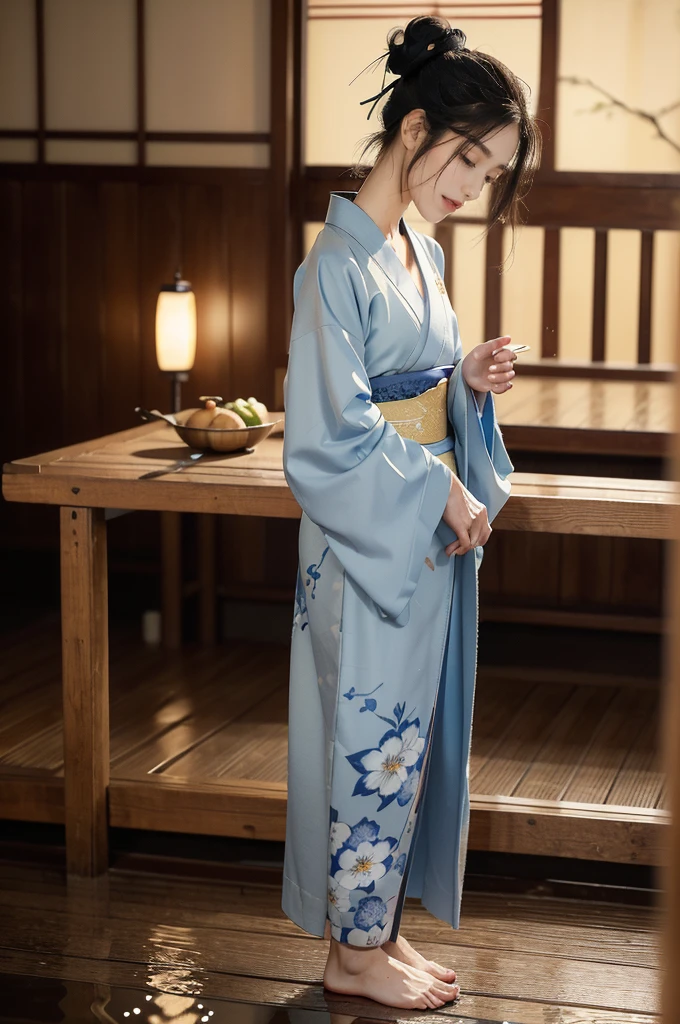 (((best quality))),(((ultra detailed))),(((masterpiece))),illustration,((1 beautiful Japannese girl,solo)),((slim,thin)),((small breasts,flat chest)),(in izakaya:1.3),(summer:1.2),(rainy:1.3),(indoor:1.2),(night scene:1.3),(wet:1.3),(collar:1.2),(blue floral kimono:1.3),neat bun,porcelain skin,(slender legs:1.2),rouge,dimly lit,warm glow,ethereal,(standing beside the table:1.3),sake bottle,half-empty glass,tray,grilled fish,steamed vegetables,half-eaten,melancholic smile,storm,solitude,enigmatic aura,tranquility,chaos,simplicity,mysterious,captivating,((from front,full body))