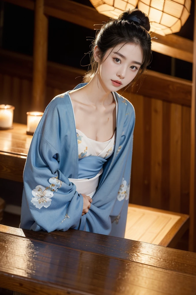 (((best quality))),(((ultra detailed))),(((masterpiece))),illustration,((1 beautiful Japannese girl,solo)),((slim,thin)),((small breasts,flat chest)),(in izakaya:1.3),(summer:1.2),(rainy:1.3),(indoor:1.2),(night scene:1.3),(wet:1.3),(collar:1.2),(blue floral kimono:1.3),neat bun,porcelain skin,(slender legs:1.2),rouge,dimly lit,warm glow,ethereal,(standing beside the table:1.3),sake bottle,half-empty glass,tray,grilled fish,steamed vegetables,half-eaten,melancholic smile,storm,solitude,enigmatic aura,tranquility,chaos,simplicity,mysterious,captivating,((from front,full body))