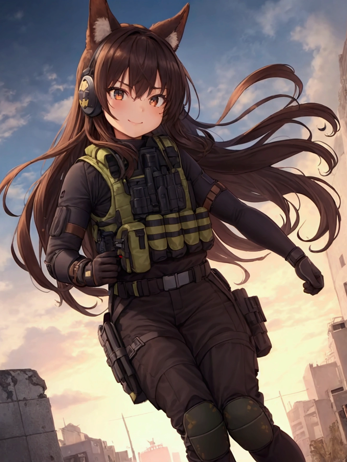 ((1girl)), super fine illustration, vibrant colors, absurdres extremely detailed CG, 8k wallpaper, (masterpiece:1.3), dynamic angle, dynamic pose, best quality, depth of field, cinematic lighting, ultra detailed, ((dark brown long hair)), long hair, pony tail, 20yo, cute, very , brown eyes, kawaii, tender smile, droopy eyes, Military head set, padded combat glove, black tactical vest, coyote brown combat pants, combat boots, knee pad, elbow pad, small military backpack, ruin city