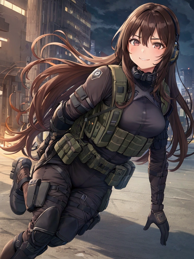 ((1girl)), super fine illustration, vibrant colors, absurdres extremely detailed CG, 8k wallpaper, (masterpiece:1.3), dynamic angle, dynamic pose, best quality, depth of field, cinematic lighting, ultra detailed, ((dark brown long hair)), long hair, pony tail,  20yo, cute, very baby face, brown eyes, kawaii, tender smile, droopy eyes, Military head set, padded combat glove, black tactical vest, coyote brown combat pants, combat boots, knee pad, elbow pad, small military backpack, ruin city