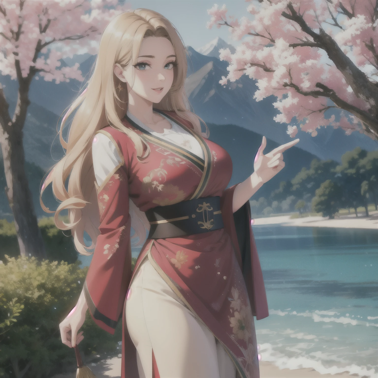 best quality, masterpiece, detail：1.4，hdr, HighDynamicRange, Ray traching，Research-usory interface，NVIDIA RTX ill herding, PBR textures, post processing, anisotropy filtering, Golden eyes, red wavy long hair woman, hanfu, elegant, detailed skin texture， depth of field, maximum resolution and sharpness, any layer textures，perfectly proportioned，octane rendering，Two-tone light，beautiful landscape in the background, mountains and cherry trees, large aperture, perfect body woman, delicate pupils，fine eyelashes and long eyelashes，pink lips, clear, cute face, sweet woman