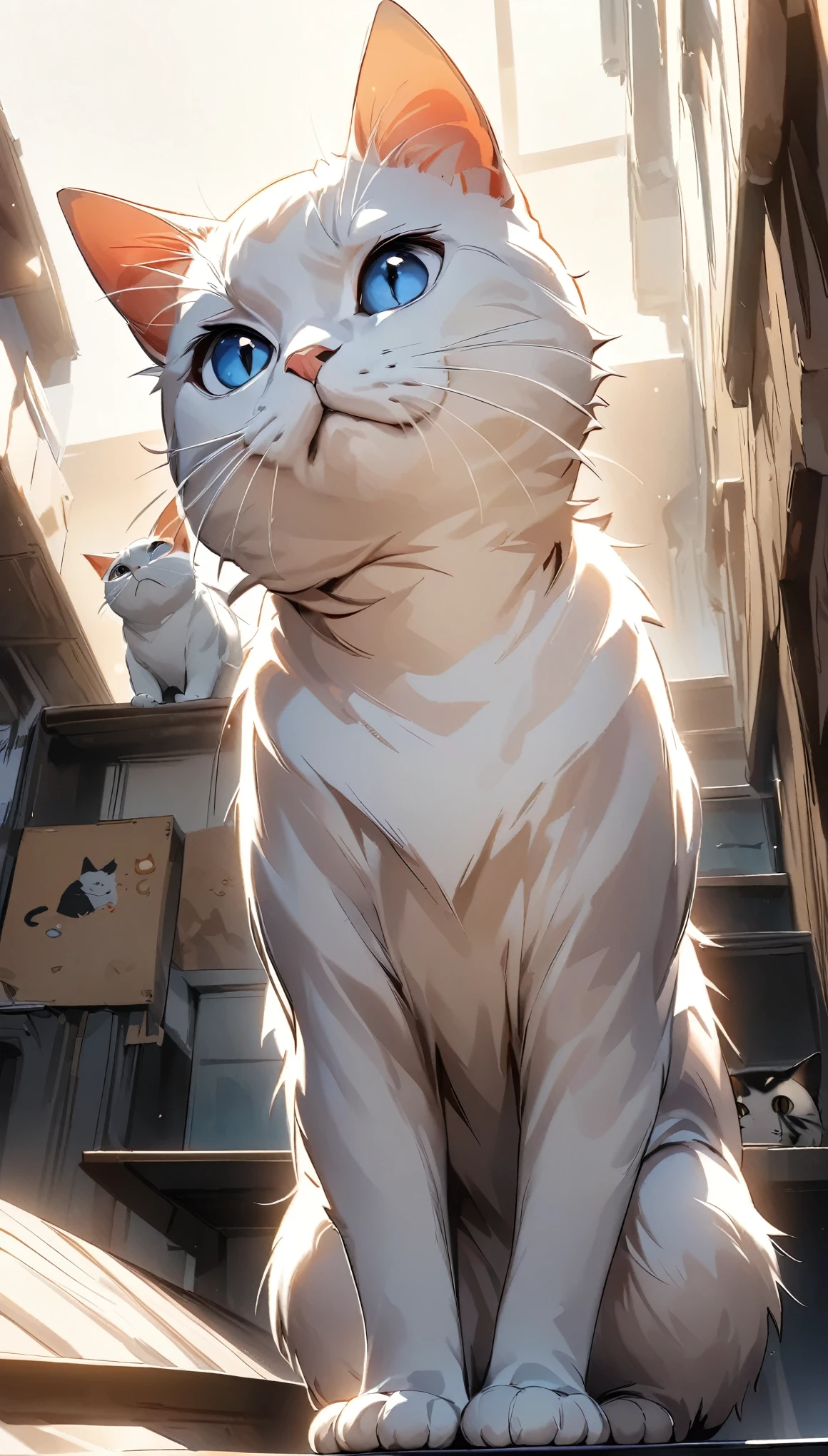 ((one cat)), Being stared at by a cat, Eyes aiming at prey, Cute cat, Front legs drooping, Low Angle:1.2, Beautiful illustrations, (Highest quality:1.2, Very detailed, Attention to detail, digital coloring, High Contrast, masterpiece:1.2, Highest quality, Best aesthetics),