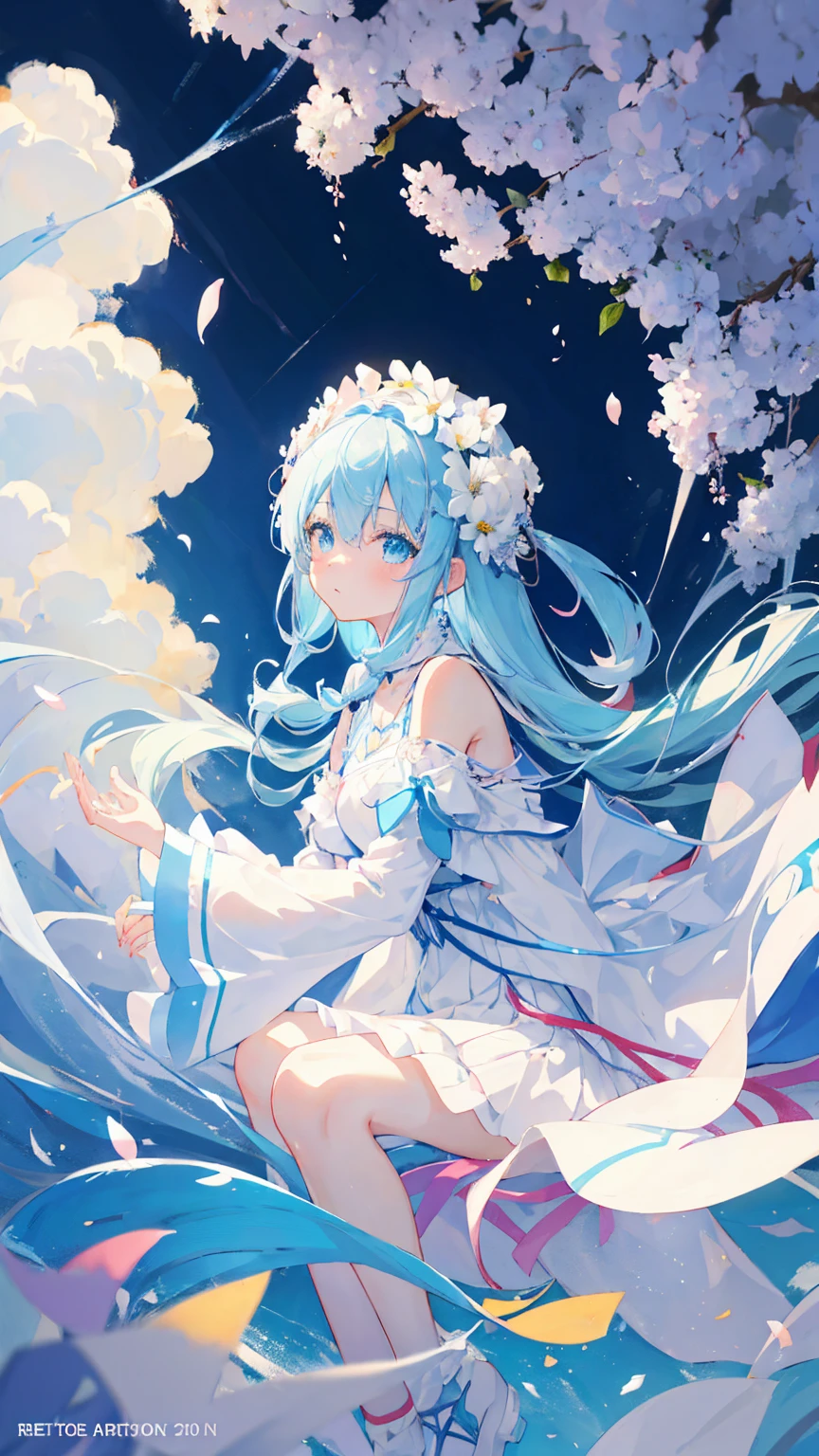 Anime Girl,light blue hair,White裙子,White,Flower headdress,Popular topics on artstation pixiv, Digital Art on Pixiv, anime art wallpaper 8 k, Anime Art Wallpaper 4k, Anime Art Wallpaper 4K, Top rated on Pixiv, Beautiful anime artwork, Pixiv competition winner,Multi-expression