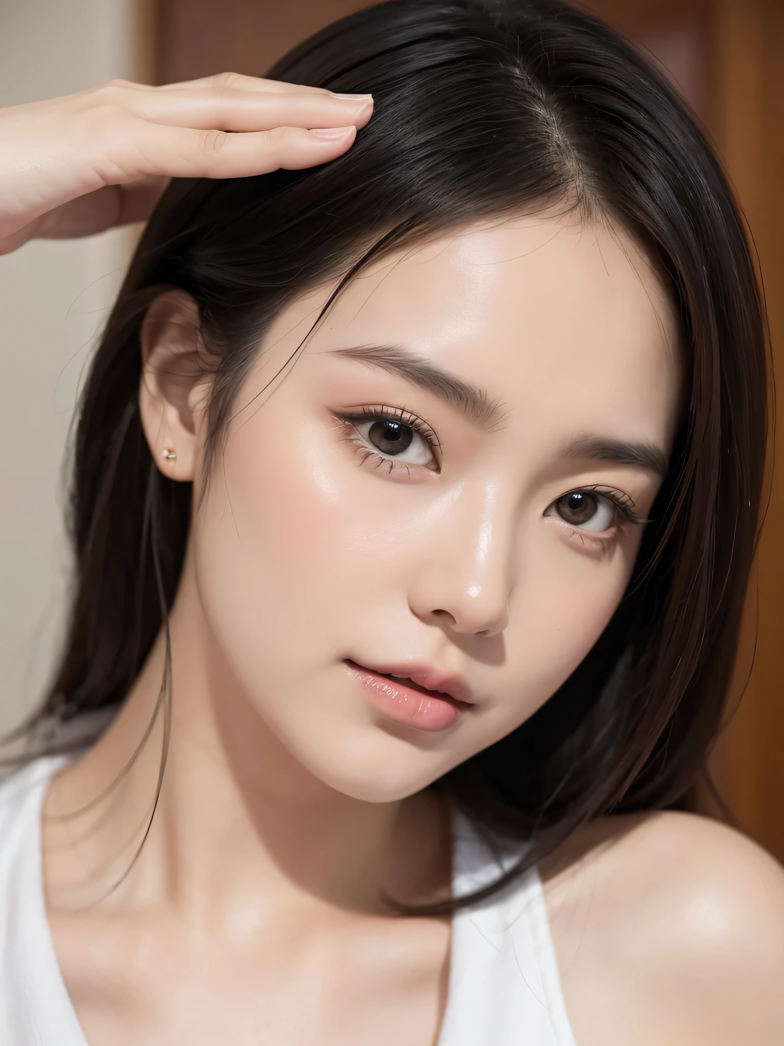 not white asian, fait des trucs kawai avec ses expression du visage, she pinches her cheek  (highest quality、Realism、glistening skin、8k、super detailed、Photorealistic photography、Anatomie parfaite、head of&#39;artwork: 1.3、Peau très délicate et élaborée、high resolution 16k laceskin on human skin、Assez de détails pour discerner les pores、S&#39;adapt to natural skin、symmetrical face),An underground space completely cut off from light,k lace skin on human skin、Assez de détails pour discerner les pores、S&#39;adapt to natural skin、symmetrical face)、An underground space completely cut off from light、one person woman、fille JK、front, Face front、(Regardant d&#39;up:1.6), (eyes raised :1.4)、Lip gloss lip gloss:1.6、Distort facial expressions、(Extreme facial focus、Extreme close-up of the face、Face closer to the&#39;Before、Femme portant un collier、vue subjective d&#39;up), ((high 、mini skirt、maquillage coréen populaire))、Mignon、sex-appeal、cunning、ahegao、Les yeux louches、squinting、Paranoid symptoms、Lip gloss、cheeks blush、(extremely droopy eyes、Bureau de beauté)、highly detailed whitening skin、Bel eye-liner、double eyelid、shiny lips、Keep your eyes sharp and focused, Open your mouth and close one eye、realistic nostrils、elongated C-shaped nostrils, Highlight sweaty skin、((pointed nose))、sweaty skin、Sweaty hair、(Rides des sourcils)（Tends ta langue aussi loin que possible)、Yeux humides et larmoyants、deep kiss、((sourcils fins))、glistening skin、double eyelid、wet and shiny tongue、Yeux grands ouverts, dilated pupils、symmetrical nose,