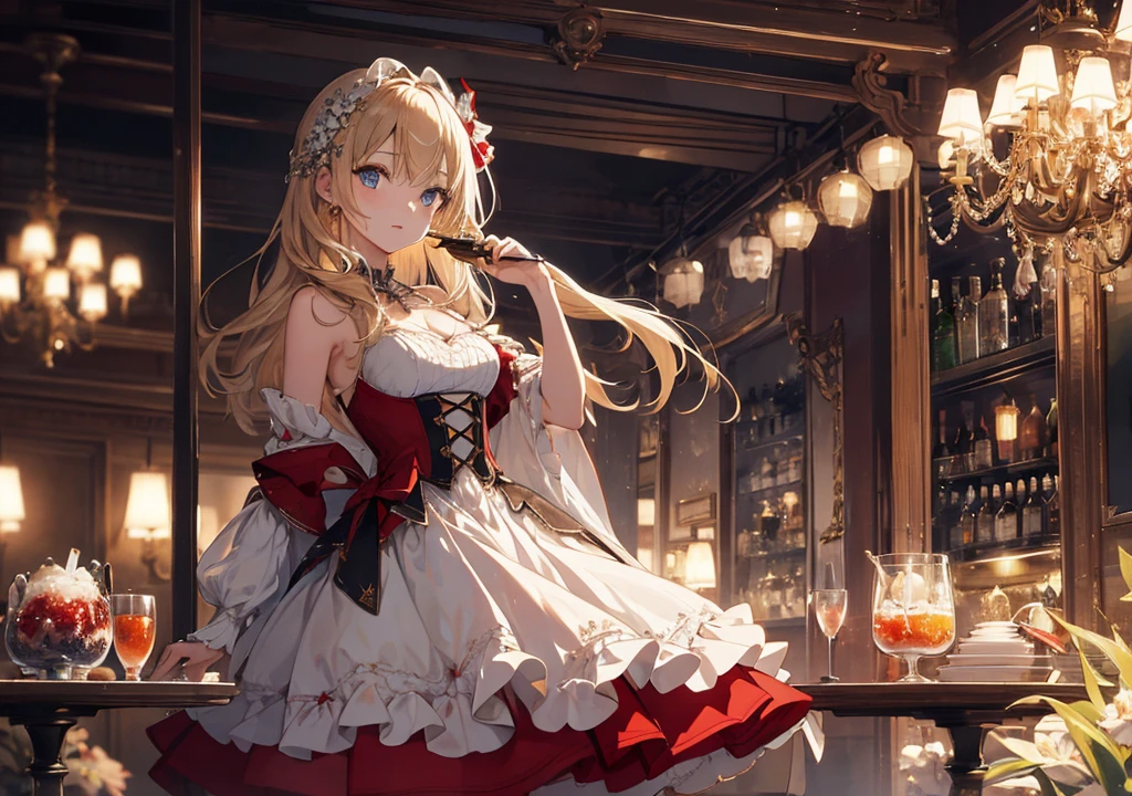 Realistic photos, Focus distance 10mm, Red and white, Beautiful girl, Realistic photos, Shooting at Focus distance 10mm, masterpiece, 最high quality, high quality, Very detailed CG 8k wallpaper unit, Award-winning photography, Depth of written boundary, High resolution, bloom, chromatic aberration, Realistic, Very detailed, Art Station Trends, CGsociety Trends, Complex, High detail, dramatic, Art on the go, volumetric lighting, Granite A beautiful girl in a gorgeous dress is enjoying a cold granita. The background is the atmosphere of a fine French restaurant. The girl has medium-length blonde hair and clear blue eyes