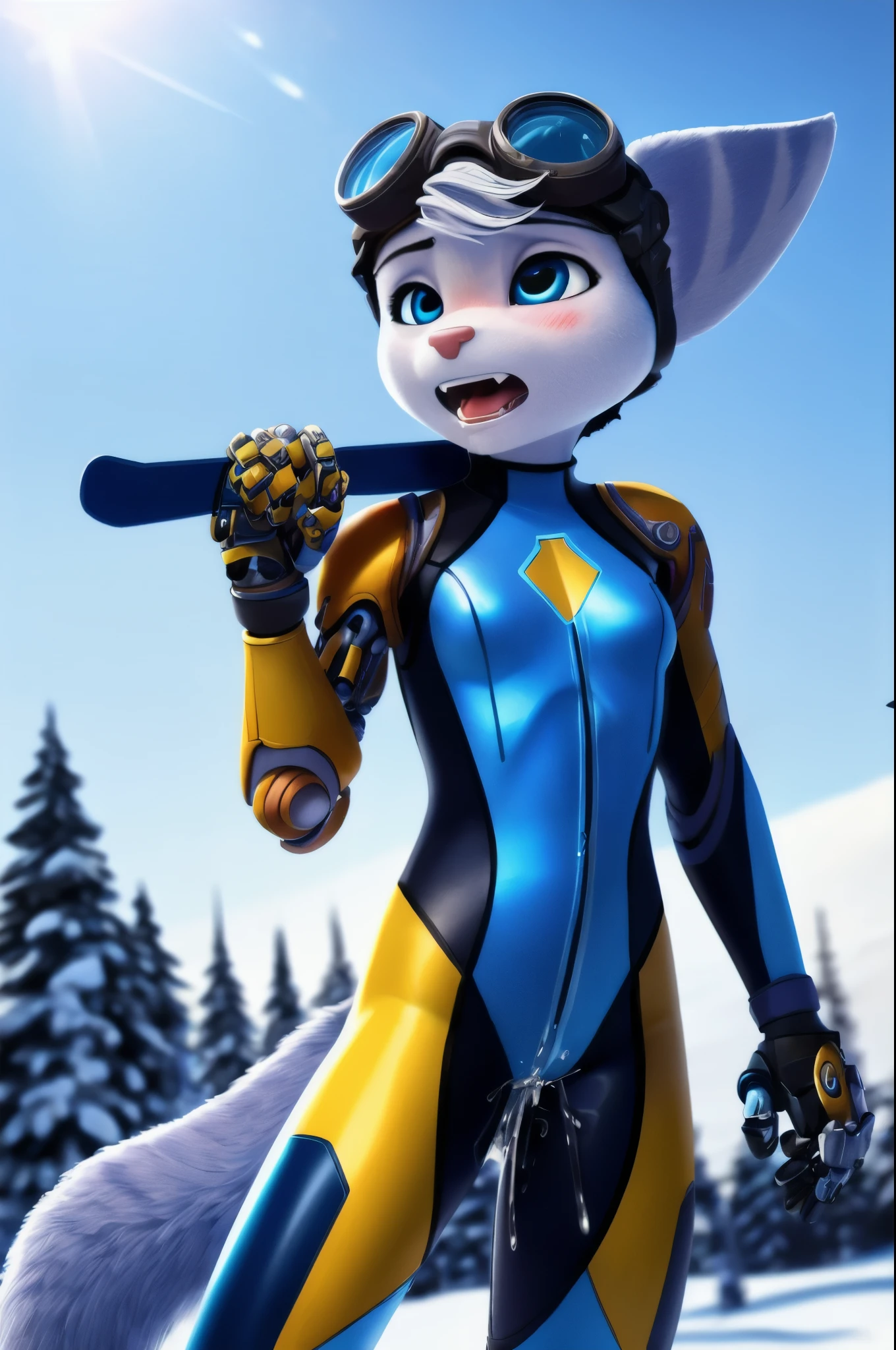 Rivet, (tail), furry, 1girl, young, solo, (yellow cybernetic protease on the right shoulder), ((thick, black and blue ski suit)), standing at ski park, detailed body fur, detailed body, detailed eyes, detailed face, athletic, skinny, high quality, masterpiece, small breasts, goggles, :D, looking at you, full body, ((good lighting on crotch)), (aroused), (horny), (bedroom eyes), (vaginal juice), (orgasmin), (elastic waistband), (climaxing), (moaning in pleasure), blushing,