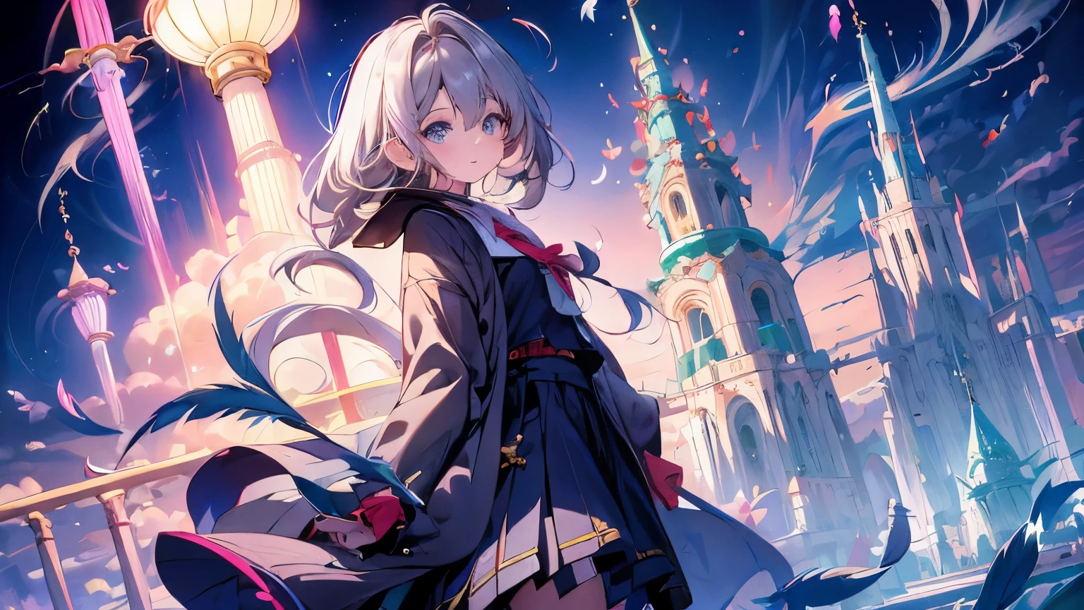 ((Highest quality)), ((masterpiece)), 3 people,girl,Sisters,4K,Plateau at night,fluffy,skirt,dress,cardigan,Two Piece,Silver-gray hair,Indigo tips,Emerald Eyes,Earth Colors,anime,comics,smile,fine,Vibrant,Glass Feather,Iridescent feathers,Two Moons,mysterious,Soft Moonlight,Fairy,Ultra HD