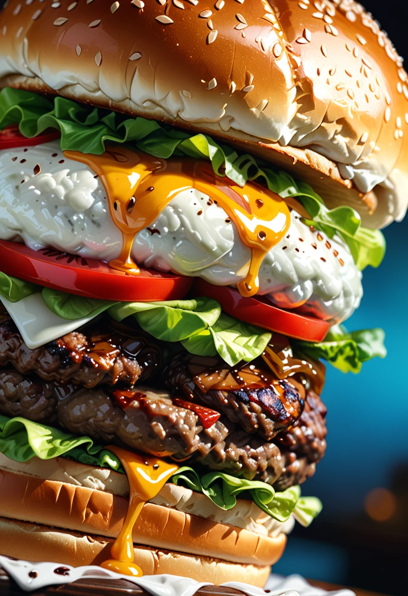 a ((low angle shot: 1.5)), from below an epic sized hamburger, you can see the hamburger from the level of the bun looking up and see the layers lettuce, tomatoes, the juicy hamburger, and the bun, juicy sauce drips from the burger, , vibrant, Ultra-high resolution, High Contrast, (masterpiece:1.5), highest quality, Best aesthetics), best details, best quality, highres, 16k, (ultra detailed: 1.5), masterpiece, best quality, (extremely detailed) RAW, (ultra details, Masterpiece, best quality),