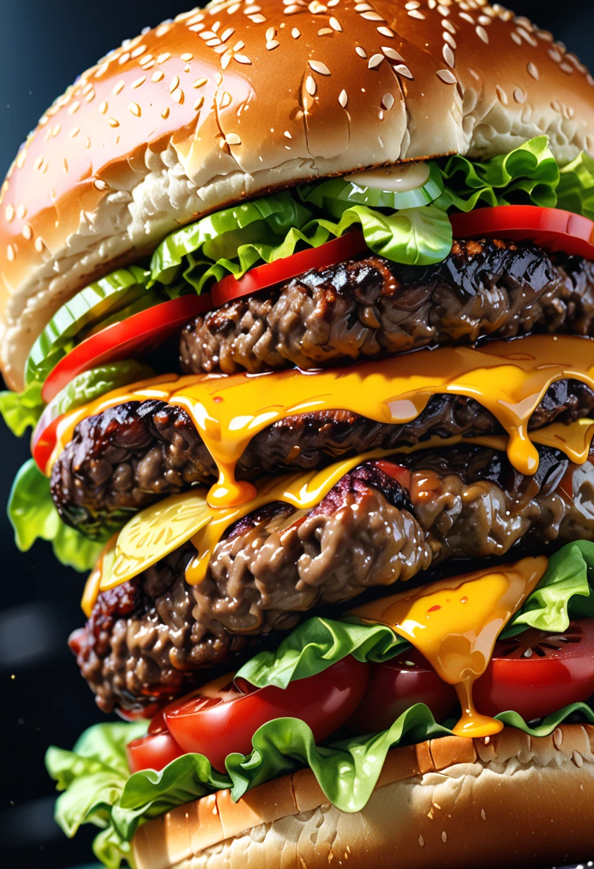 a ((low angle shot: 1.5)), from below an epic sized hamburger, you can see the hamburger from the level of the bun looking up and see the layers lettuce, tomatoes, the juicy hamburger, and the bun, juicy sauce drips from the burger, , vibrant, Ultra-high resolution, High Contrast, (masterpiece:1.5), highest quality, Best aesthetics), best details, best quality, highres, 16k, (ultra detailed: 1.5), masterpiece, best quality, (extremely detailed) RAW, (ultra details, Masterpiece, best quality),