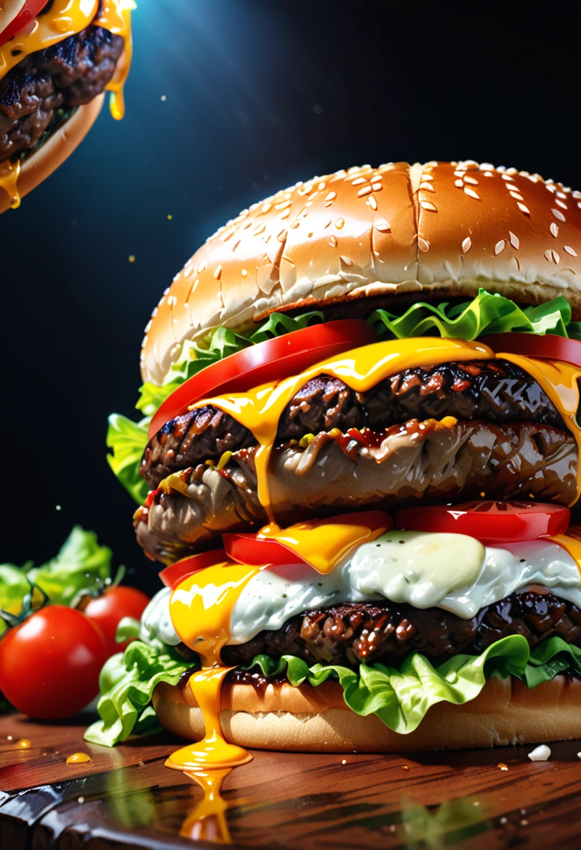 a ((low angle shot: 1.5)), from below an epic sized hamburger, you can see the hamburger from the level of the bun looking up and see the layers lettuce, tomatoes, the juicy hamburger, and the bun, juicy sauce drips from the burger, , vibrant, Ultra-high resolution, High Contrast, (masterpiece:1.5), highest quality, Best aesthetics), best details, best quality, highres, 16k, (ultra detailed: 1.5), masterpiece, best quality, (extremely detailed) RAW, (ultra details, Masterpiece, best quality),