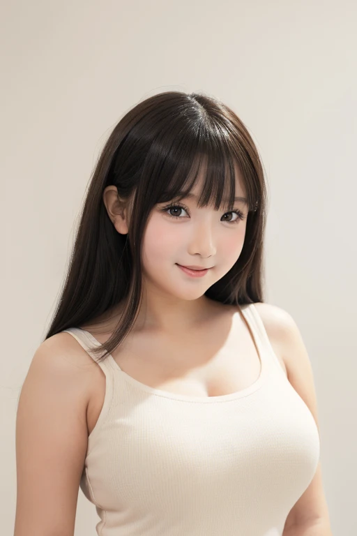 (A photo of your face:1.25), 6 years old, (Baby Face:1.4), (Round face:1.4), One Japanese woman, beautiful girl, Pretty face, (View your audience), (Standing facing the camera), (smile), (Beige tank top)、(Pure white background:1.2)､Big Breasts、Big Ass、Chubby body type、