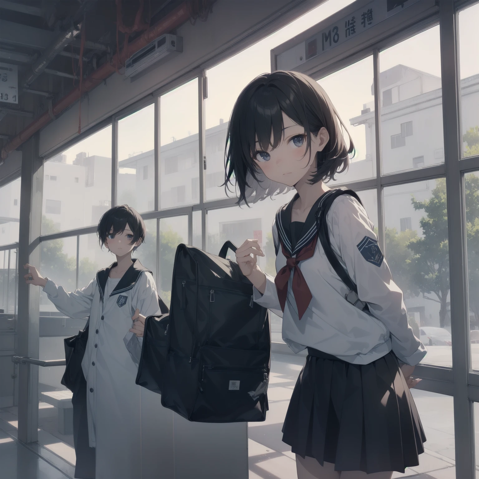 ultra-absurdres-Top quality by artist God, ultra-detailed, high resolution, anime moe artstyle, best anime 8k konachan wallpaper, pixiv contest winner, pool:2810, perfect ???????,break, 1girl, (Please draw a girl walking sleepily to school alone. )break,(Solo,little female, 13-year-old:1.3),Full limbs, complete fingers,a junior high school student, (very short hair), short cut, flat chest, , small butt, small black eyes, beautiful detailed eyes, well-proportioned iris and pupils, expressive eyes, highres detailed hair, soft expression, salor school_uniform, sailor collar, serahuku, bow, pleated skirt,(Detailed Lighting), (Detailed background), in the School commute route. break,super detailed skin, Best cinematic lighting powered by famous artist, 8k,beauty illustration,photoshop_(medium),very aesthetic,break,((artist:saiguchi_otoufu )), artist:clamp ,artist:carnelian ,artist:kantoku ,
