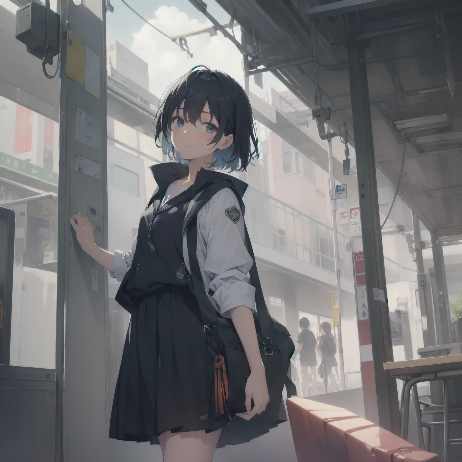 ultra-absurdres-Top quality by artist God, ultra-detailed, high resolution, anime moe artstyle, best anime 8k konachan wallpaper, pixiv contest winner, pool:2810, perfect anatomy,break, 1girl, (Please draw a girl walking sleepily to school alone. )break,(Solo,little female, 13-year-old:1.3),Full limbs, complete fingers,a junior high school student, (very short hair), short cut, flat chest, , small butt, small black eyes, beautiful detailed eyes, well-proportioned iris and pupils, expressive eyes, highres detailed hair, soft expression, salor school_uniform, sailor collar, serahuku, bow, pleated skirt,(Detailed Lighting), (Detailed background), in the School commute route. break,super detailed skin, Best cinematic lighting powered by famous artist, 8k,beauty illustration,photoshop_(medium),very aesthetic,break,((artist:fujima_takuya )), artist:clamp ,artist:carnelian ,artist:kantoku ,