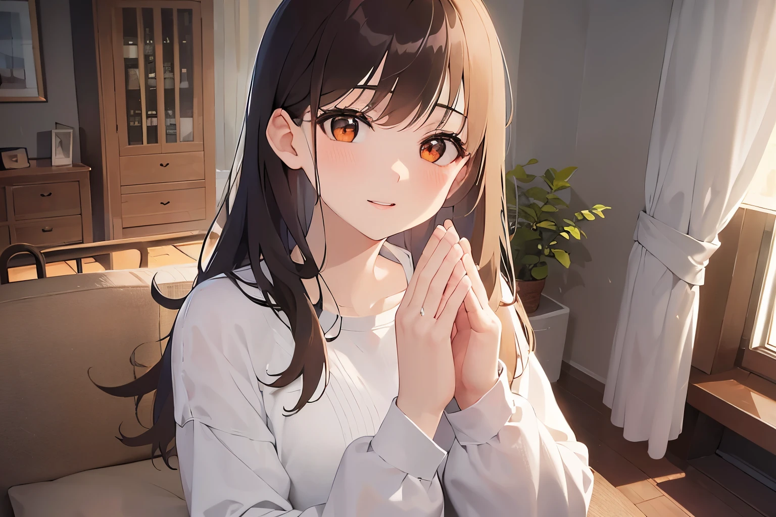 clasping own hands, looking up, wearing an oversized men's shirt. The shirt is too large for her, giving a baggy and loose appearance. upper body, (pale skin: 1.2), shiny skin, shiny hair、(A 25-year-old woman with medium-length hair and bangs) and (wavy hair) and (brown hair) and (orange eyes) , smile, blush, The background is the living room、Alone、