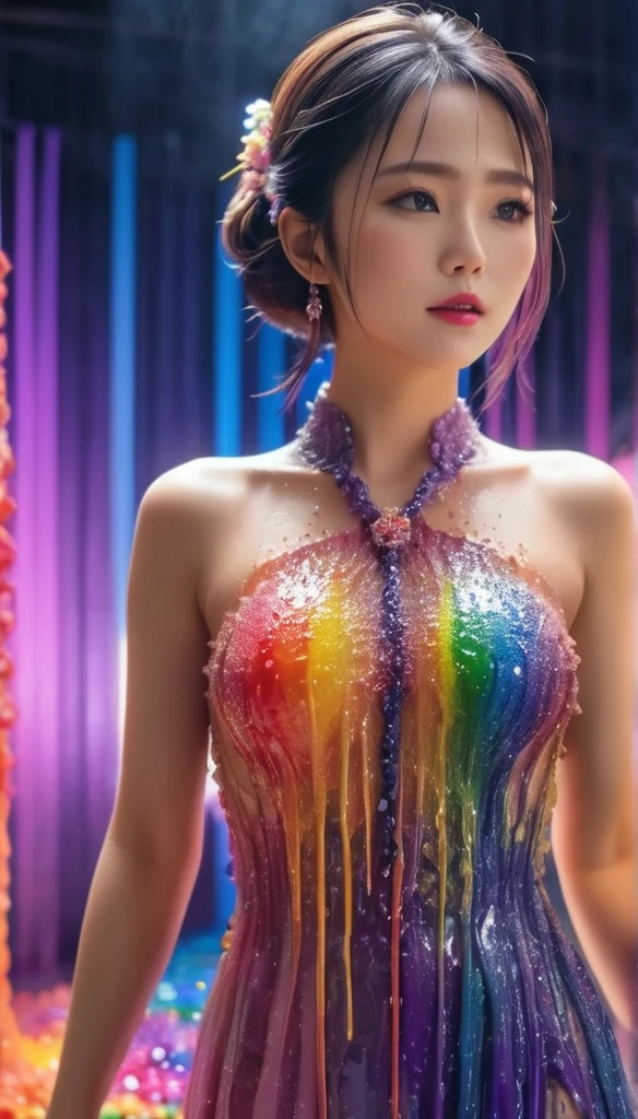 Beautiful Japanese Women,The wax dress melts and drips off her body. (masterpiece: 1.2), (Highest quality), 4K, Very detailed, (Dynamic configuration: 1.4), Very detailed, Colorful details, (Rainbow colors: 1.2), (Bright lighting, Atmospheric lighting), dream-like, Magic, (alone: 1.2)  