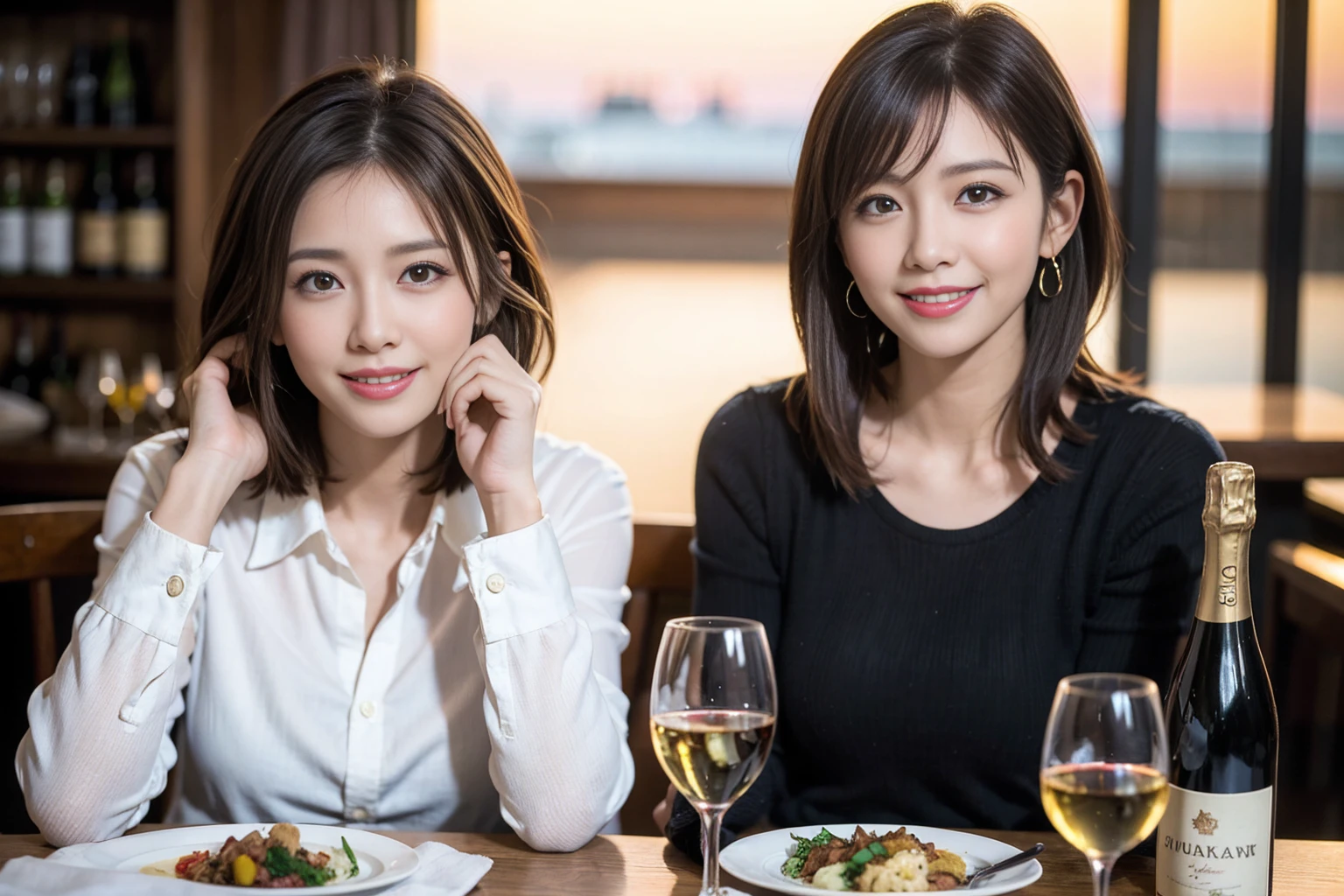 (Realistic:1.1),(masterpiece,Highest quality),8k,(49 years old), 53 years old, ベリーslimボディ、slimカップル、Tight waist,Upper Body,full-course dinner、wine 、Amazing view of the sunset sky and clouds、Perfect Anatomy, Brown Hair, short hair,Random Hairstyles,((Highly detailed face and eyes:1.2)),Perfect golden ratio face,Long sleeve shirt、dress,(smile:1.2)、Shortcuts、cute、(Realistic, Intricate details:1.2), A bright smile、short hair,Bright Face、赤wine 、Appetizers、Italian food、wine bottle、Champagne、スパークリングwine、(slimな顔), (The body is slim), (Brown Hair), (Shortcuts), Upper Body, 白wine, slim, wineグラス,