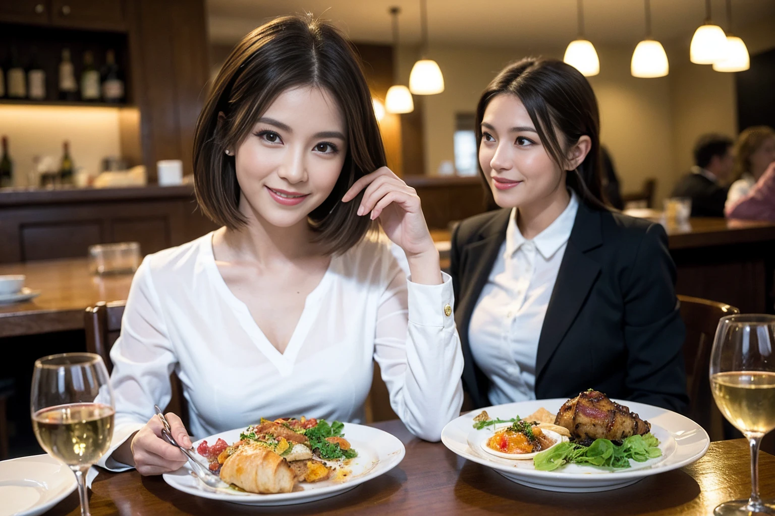 (Realistic:1.1),(masterpiece,Highest quality),8k,(49 years old), 53 years old, ベリーslimボディ、slimカップル、Tight waist,Upper Body,full-course dinner、wine 、Amazing view of the sunset sky and clouds、Perfect Anatomy, Brown Hair, short hair,Random Hairstyles,((Highly detailed face and eyes:1.2)),Perfect golden ratio face,Long sleeve shirt、dress,(smile:1.2)、Shortcuts、cute、(Realistic, Intricate details:1.2), A bright smile、short hair,Bright Face、赤wine 、Appetizers、Italian food、wine bottle、Champagne、スパークリングwine、(slimな顔), (The body is slim), (Brown Hair), (Shortcuts), Upper Body, 白wine, slim, wineグラス,