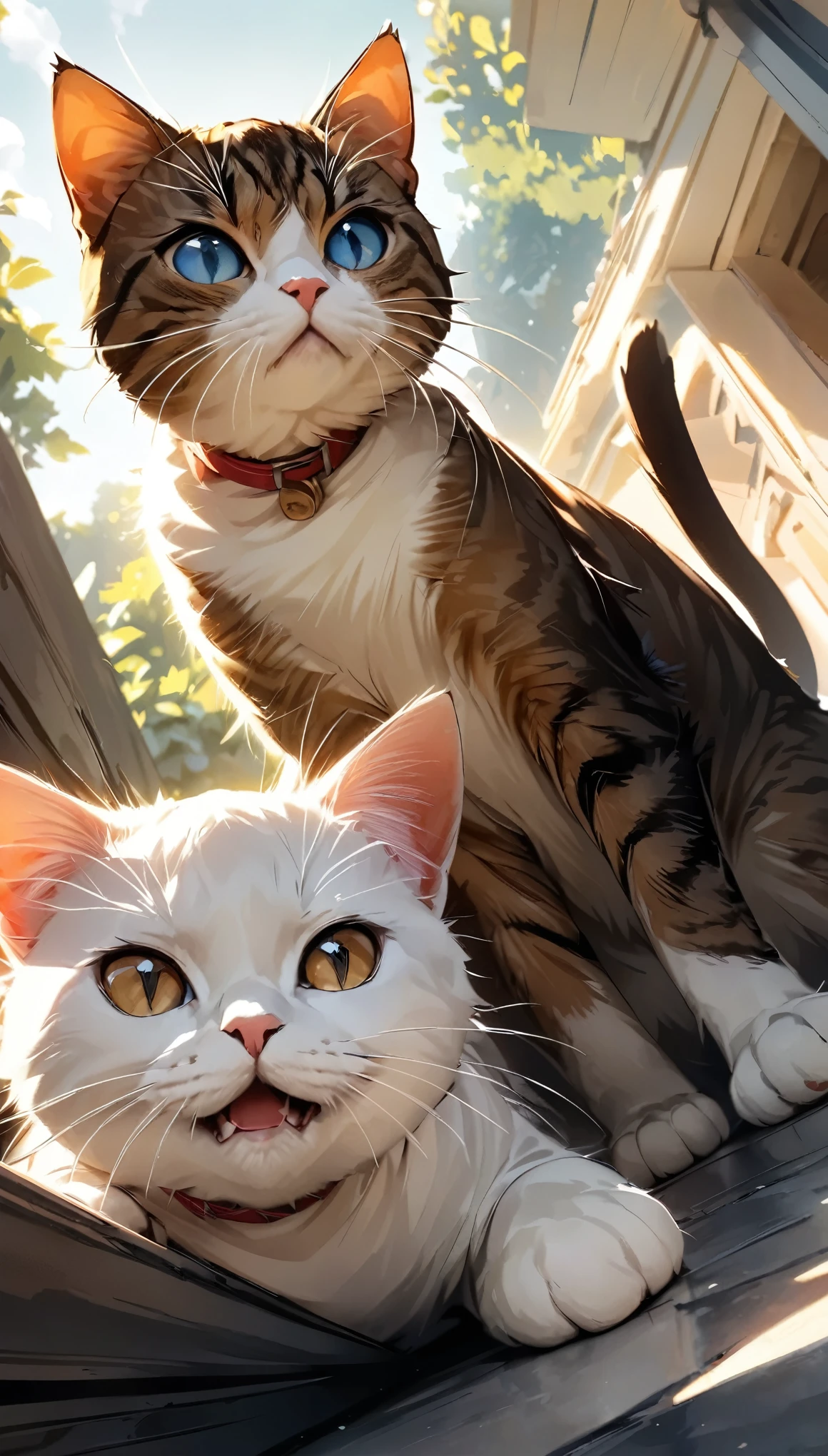 ((One cat)), Being stared at by a cat, Eyes aiming at prey, Cute cat, The front legs hang, Low - Angle:1.2, Beautiful illustrations, (Highest quality:1.2, Very detailed, Attention to detail, digital coloring, High Contrast, masterpiece:1.2, Highest quality, Best aesthetics),