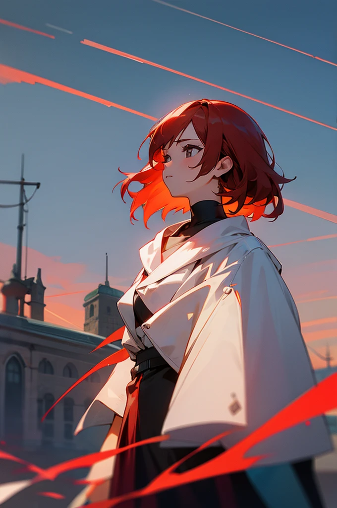 Young adult, Female, red hair, Town Background,
