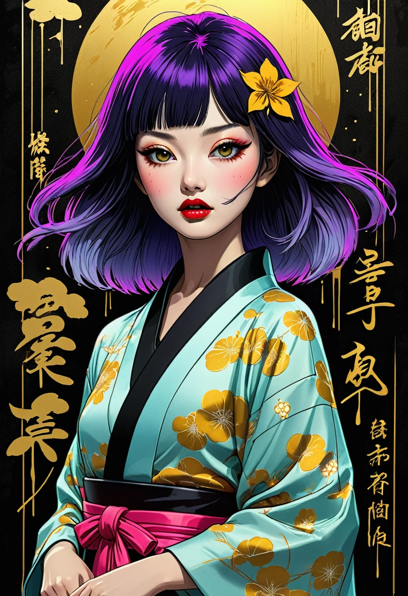 (best quality, sketch:1.2),realistic,illustrator,anime,1 girl, detailed lips, kimono,custom, black and gold gradient background,neon hair,textured cropping, masterpiece, style retro classic, noir style 、An illustration、art、70s horror movie posters, Supervised by Junji Ito、High detail, Realistic Shadows、Analog Style, chromatic aberration, Surrealism、Complementary Gradient