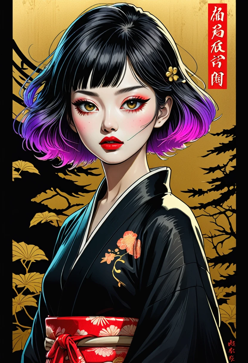 (best quality, sketch:1.2),realistic,illustrator,anime,1 girl, detailed lips, kimono,custom, black and gold gradient background,neon hair,textured cropping, masterpiece, style retro classic, noir style 、An illustration、art、70s horror movie posters, Supervised by Junji Ito、High detail, Realistic Shadows、Analog Style, chromatic aberration, Surrealism、Complementary Gradient