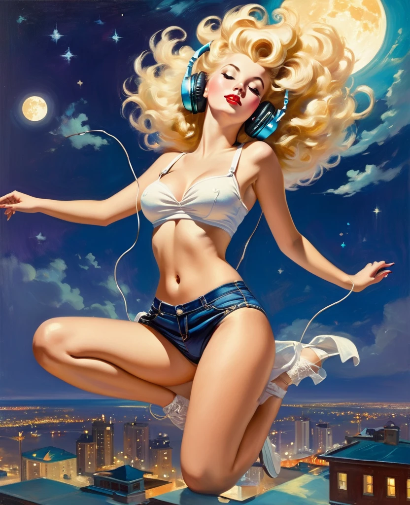 A Gil Elvgren pin-up style painting of a beautiful blonde woman with big messy hair, floating on a cloud gracefully laying on the cloud, wearing headphones, wearing little shorts and a tank top, with moon light, ling stars and stardust, vibrant and colorful, full body shot, looking down at a small city at night, cityscape