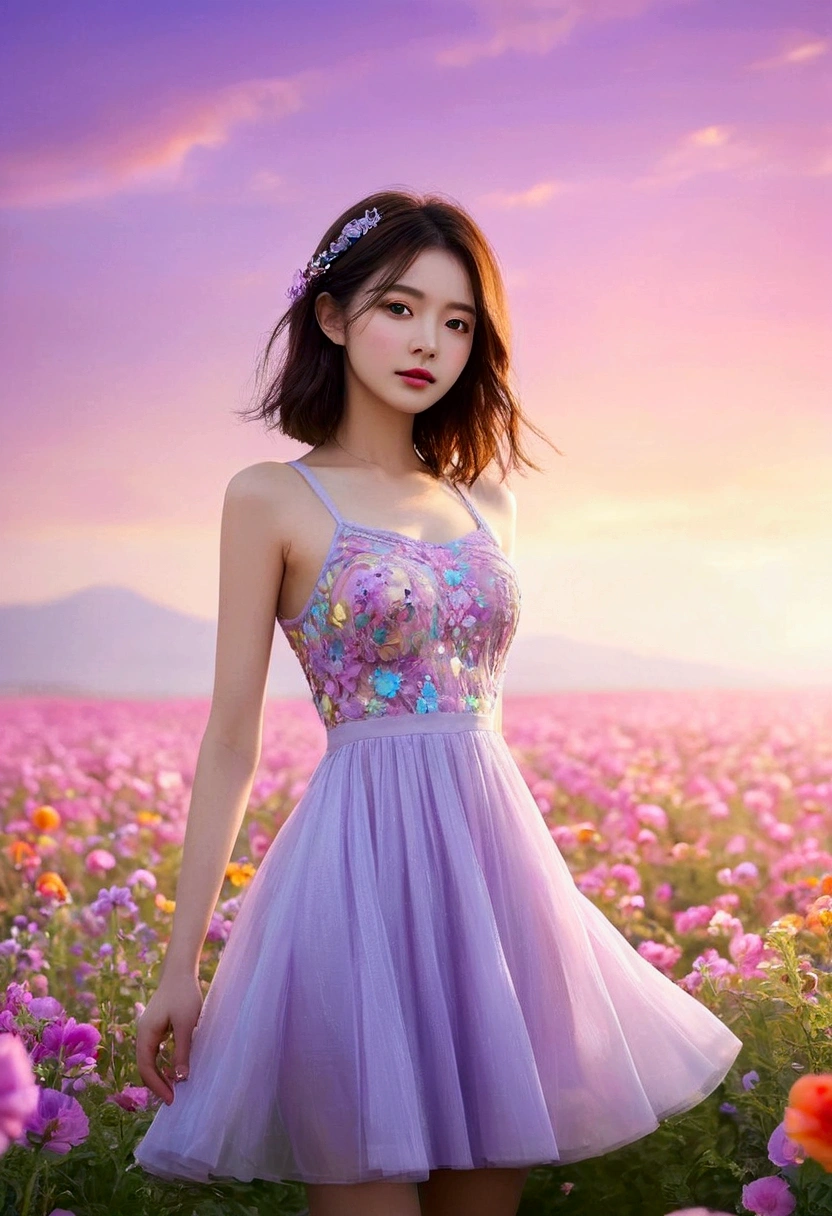 Beautiful woman standing in a flower field wearing a short dress_Fine details of delicate features, Colorful and rich fantasy clothing, bright and soft colors, chassis, Colorful pastels, cute colorful lovely, vivid fantasy style, soft and cute colors, Bright pastel colors, Zia, Bright pastel colorss, sakimichan hdri, gradient pastel green, Vibrant pastel colors,