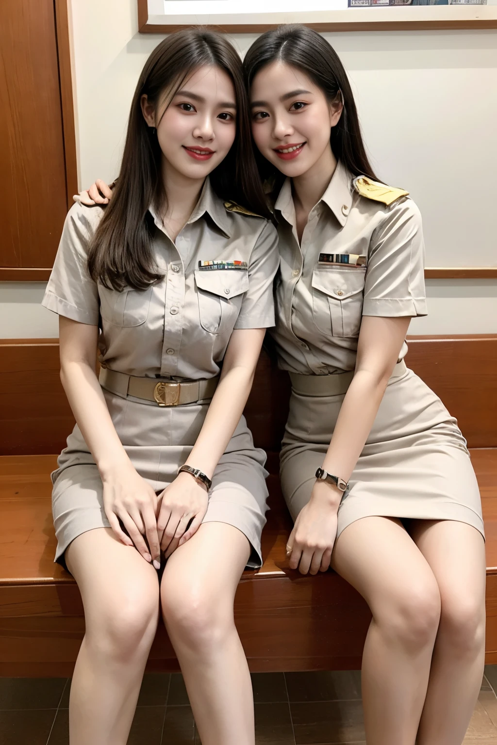 throw: ((((2 girls, 2 girls side by side, Press your chest together., massive, emphasizing the importance of being huge, gigantic , Revealing a deep rift)))) Thai Teacher, beautiful girl, Khaki suit, khaki civil servant, ชุดThai Teacher:1.3, beautiful girlผมlongเป็นพิเศษ, ผมlongสองเมตร, long hair that catches the eye, ผมlongสีดำ, ผมของเธอlongมาก., long, shiny hair, soft hair, ผมlongเป็นพิเศษ, Dynamic posts, like full body, Short sleeve shirtสีกากี, Short pencil skirtสีกากี, side cut, Decorated with military insignia.., black high heels, The sexiest, small waist, hips raised, small thighs, long legs, big breasts, big breasts:1.5, big breast, Very big breasts, eye-catching breasts, A gigantic rift, Not all coverage, big breast, big breast, 400 CC, สาวผมlongสองเมตร, Beautiful face, proportional body, Fascinating figure, red lips, Very shiny, แต่งBeautiful face, military rank insignia, Short pencil skirt, tight, Short sleeve shirt, in the background, Beautiful blur, ultra short skirt, Beautiful like an angel
