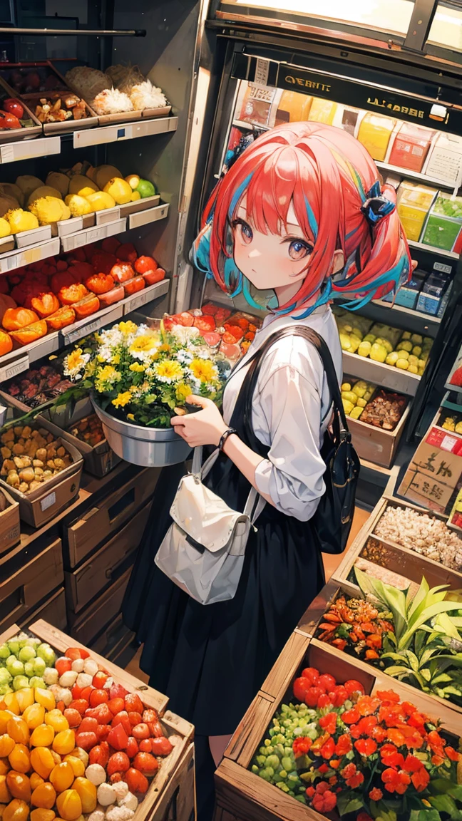 (masterpiece, Highest quality), (colorful:1.4), From above, alone, A girl holding a bag of exotic plants and alien spices for sale in a market on Venus, Depth of written boundary, Fisheye Lens