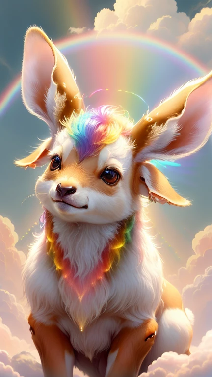 god々Cute Bambi1animal、godの鹿、Rainbow、Rainbow aura,Looking into the camera、Look at this、Background gold、Floating in the clouds