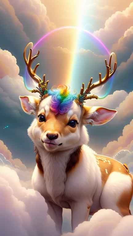 god々Cute Bambi１animal、godの鹿、Rainbow、Rainbow aura,Looking into the camera、Look at this、Background gold、Floating in the clouds