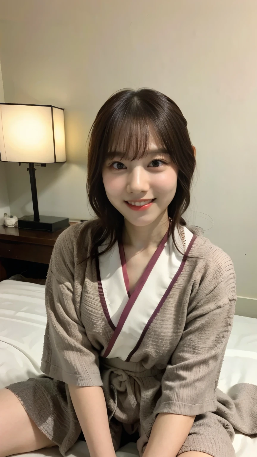 (8k、RAW Photos、Highest quality、masterpiece:1.2)、((night、Dark Room、Japanese-style room、smile:1.5))、((kimono:1.3))、(Realistic、Realistic)、1 girl、(Enlarge your face、On the bed))、cute