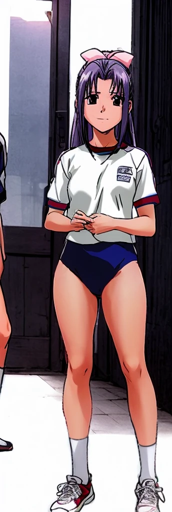 Momoko Koigakubo, a tall girl with beautiful legs, is wearing white gym clothes and light navy blue bloomers that look like panties, and is standing with her legs spread apart with a smile.。Momoko Koigakubo is holding a boy in a jersey。