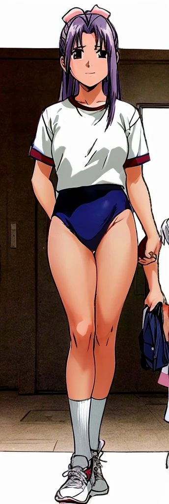 Momoko Koigakubo, a tall girl with beautiful legs, is standing with a smile on her face in a white gym uniform and light navy blue bloomers that look like panties.。Momoko Koigakubo is holding a young boy wearing a tracksuit。