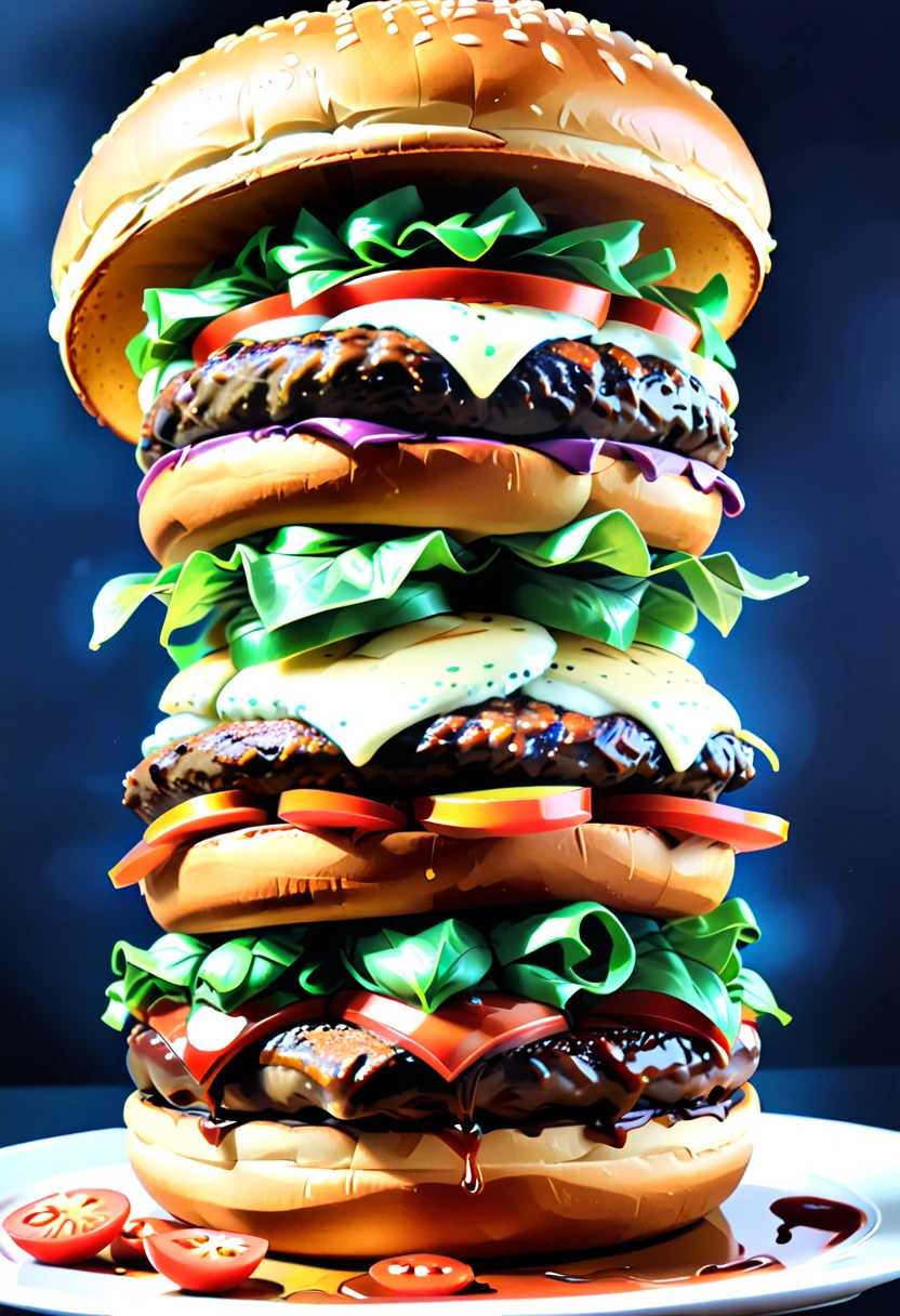 a ((low angle shot: 1.5)), from below an epic sized hamburger, you can see the hamburger from the level of the bun looking up and see the layers lettuce, tomatoes, the juicy hamburger, and the bun, juicy sauce drips from the burger, , vibrant, Ultra-high resolution, High Contrast, (masterpiece:1.5), highest quality, Best aesthetics), best details, best quality, highres, 16k, (ultra detailed: 1.5), masterpiece, best quality, (extremely detailed) RAW, (ultra details, Masterpiece, best quality),