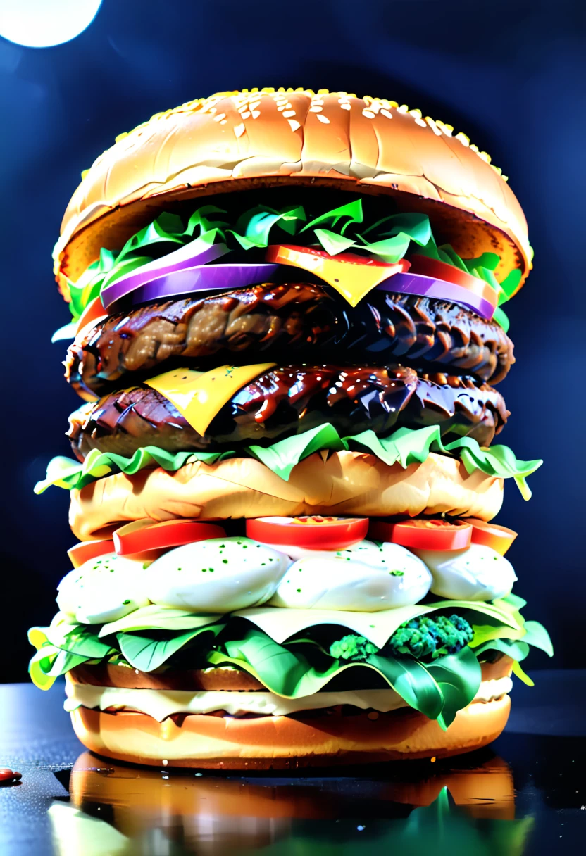 a ((low angle shot: 1.5)), from below an epic sized hamburger, you can see the hamburger from the level of the bun looking up and see the layers lettuce, tomatoes, the juicy hamburger, and the bun, juicy sauce drips from the burger, , vibrant, Ultra-high resolution, High Contrast, (masterpiece:1.5), highest quality, Best aesthetics), best details, best quality, highres, 16k, (ultra detailed: 1.5), masterpiece, best quality, (extremely detailed) RAW, (ultra details, Masterpiece, best quality),
