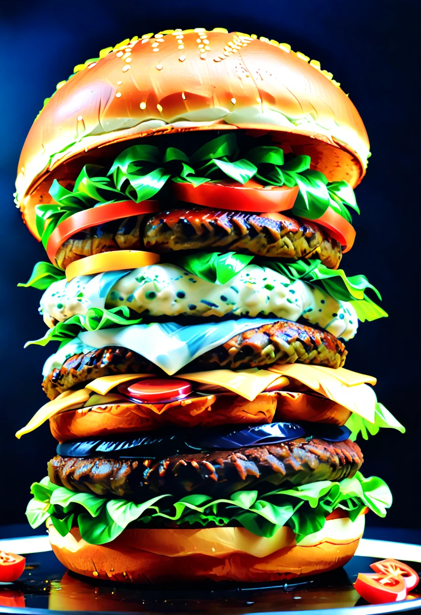 a ((low angle shot: 1.5)), from below an epic sized hamburger, you can see the hamburger from the level of the bun looking up and see the layers lettuce, tomatoes, the juicy hamburger, and the bun, juicy sauce drips from the burger, , vibrant, Ultra-high resolution, High Contrast, (masterpiece:1.5), highest quality, Best aesthetics), best details, best quality, highres, 16k, (ultra detailed: 1.5), masterpiece, best quality, (extremely detailed) RAW, (ultra details, Masterpiece, best quality),