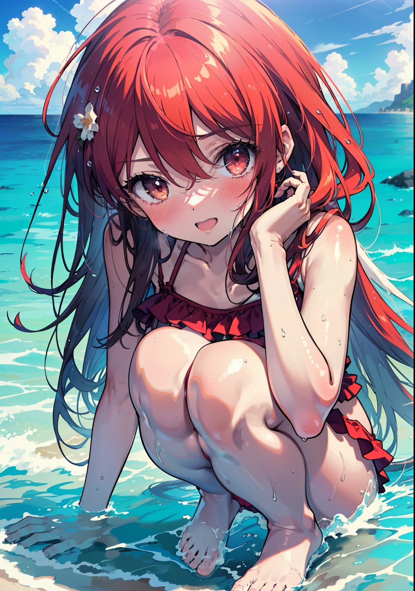 Shana,灼眼のShana,Long Hair, Red Hair, Red eyes, Ahoge,smile,blush,Open your mouth,Red bikini swimsuit with ruffles,barefoot,Wet Hair,Wet swimsuit,Wet Skin,Water Play,Daytime,Clear skies,True Summer,　　　　　　　　　　　　　　break outdoors, Ocean,Beach, 　　　　　　　　　　　　　break looking at viewer, whole body, 　　　　　　　　break (masterpiece:1.2), Highest quality, High resolution, unity 8k wallpaper, (shape:0.8), (Beautiful attention to detail:1.6), Highly detailed face, Perfect lighting, Highly detailed CG, (Perfect hands, Perfect Anatomy),