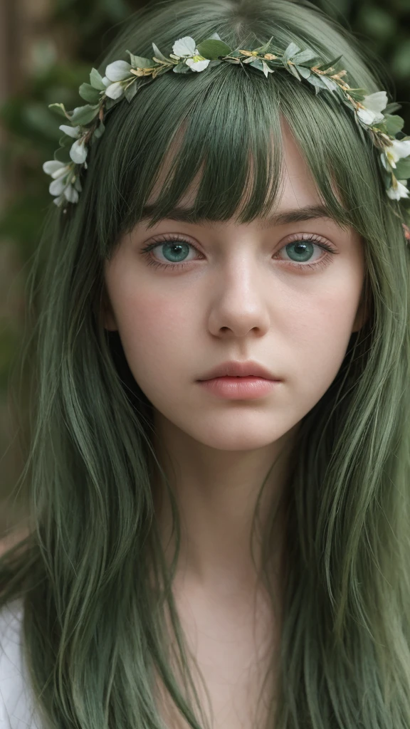 a girl. Europe. Extremely detailed face. Oval face. delicate facial features. half closed eyes. long straight hair. messy hair. bangs. green hair. blue eyes. wreath on head. Sad. shy. straight face