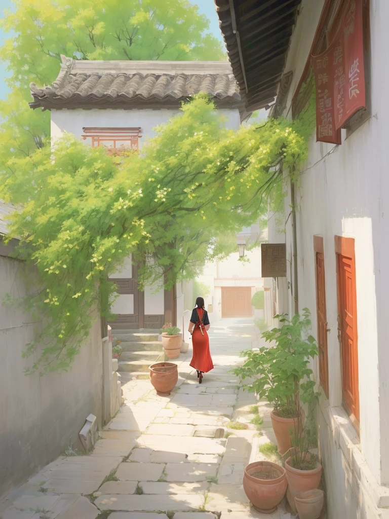 The painting shows a woman in a red dress walking down a narrow alley, author：Ye Xin, Li Song, Yu Zhiding, Inspired by Fenghua Zhong, by Zou Yigui, by Sheng Maoye, by Bian Shoumin, author：Lu Guang, Ding Guanpeng, by Zou Zhe, author：Ma Yuanyu