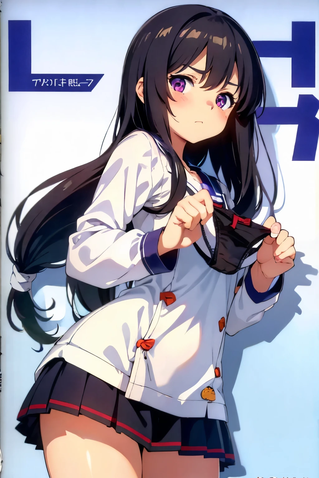 , 8 years old, toddler Fblack hair, lr, purple eyes Embarrassed look A plain white short-sleeved sailor suit Navy blue mini skirt Holding white panties in hand Panties are spread with both hands ((I can see her panties)) School classroom Are standing Dynamic Angle Low - Angle