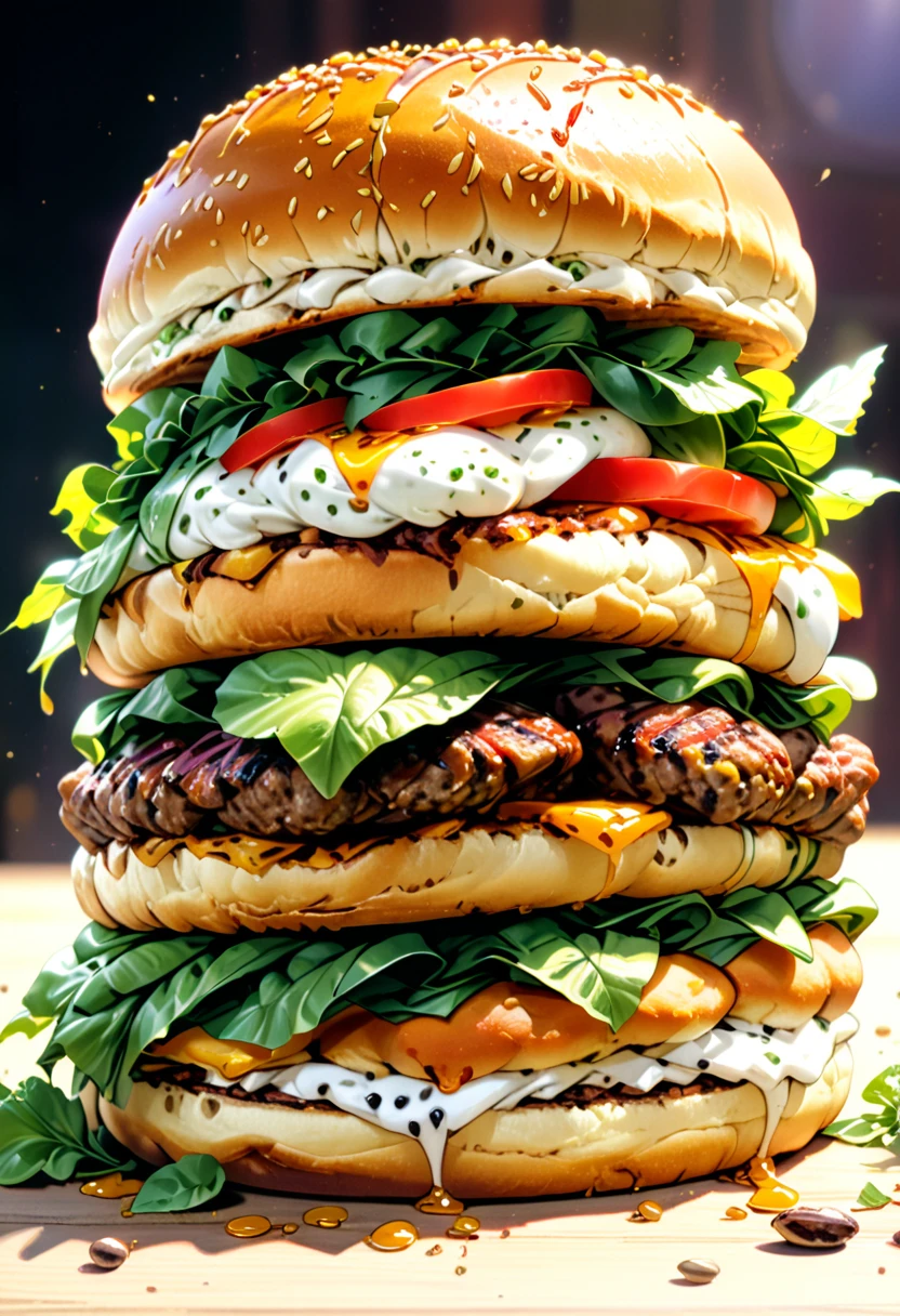 a ((low angle shot: 1.5)), from below an epic sized hamburger, you can see the hamburger from the level of the bun looking up and see the layers lettuce, tomatoes, the juicy hamburger, and the bun, juicy sauce drips from the burger, , vibrant, Ultra-high resolution, High Contrast, (masterpiece:1.5), highest quality, Best aesthetics), best details, best quality, highres, 16k, (ultra detailed: 1.5), masterpiece, best quality, (extremely detailed) RAW, (ultra details, Masterpiece, best quality),