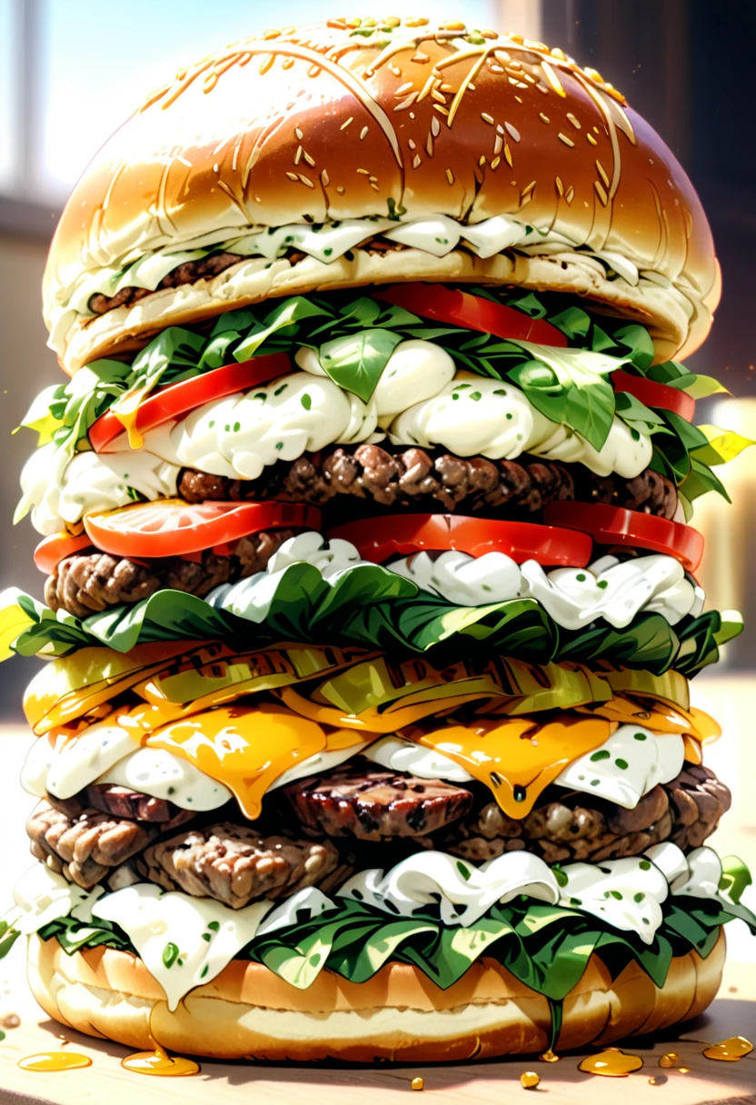 a ((low angle shot: 1.5)), from below an epic sized hamburger, you can see the hamburger from the level of the bun looking up and see the layers lettuce, tomatoes, the juicy hamburger, and the bun, juicy sauce drips from the burger, , vibrant, Ultra-high resolution, High Contrast, (masterpiece:1.5), highest quality, Best aesthetics), best details, best quality, highres, 16k, (ultra detailed: 1.5), masterpiece, best quality, (extremely detailed) RAW, (ultra details, Masterpiece, best quality),