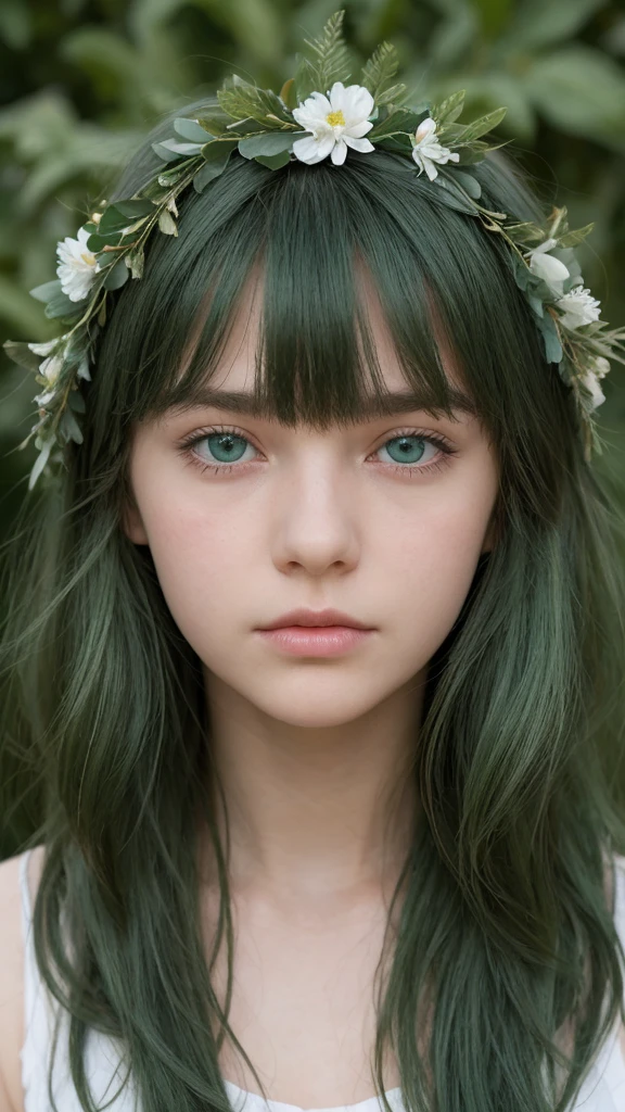 a girl. Europe. Extremely detailed face. Oval face. delicate facial features. half - closed eyes. long straight hair. messy hair. bangs. green hair. blue eyes. wreath on head. Sad. shy. straight face