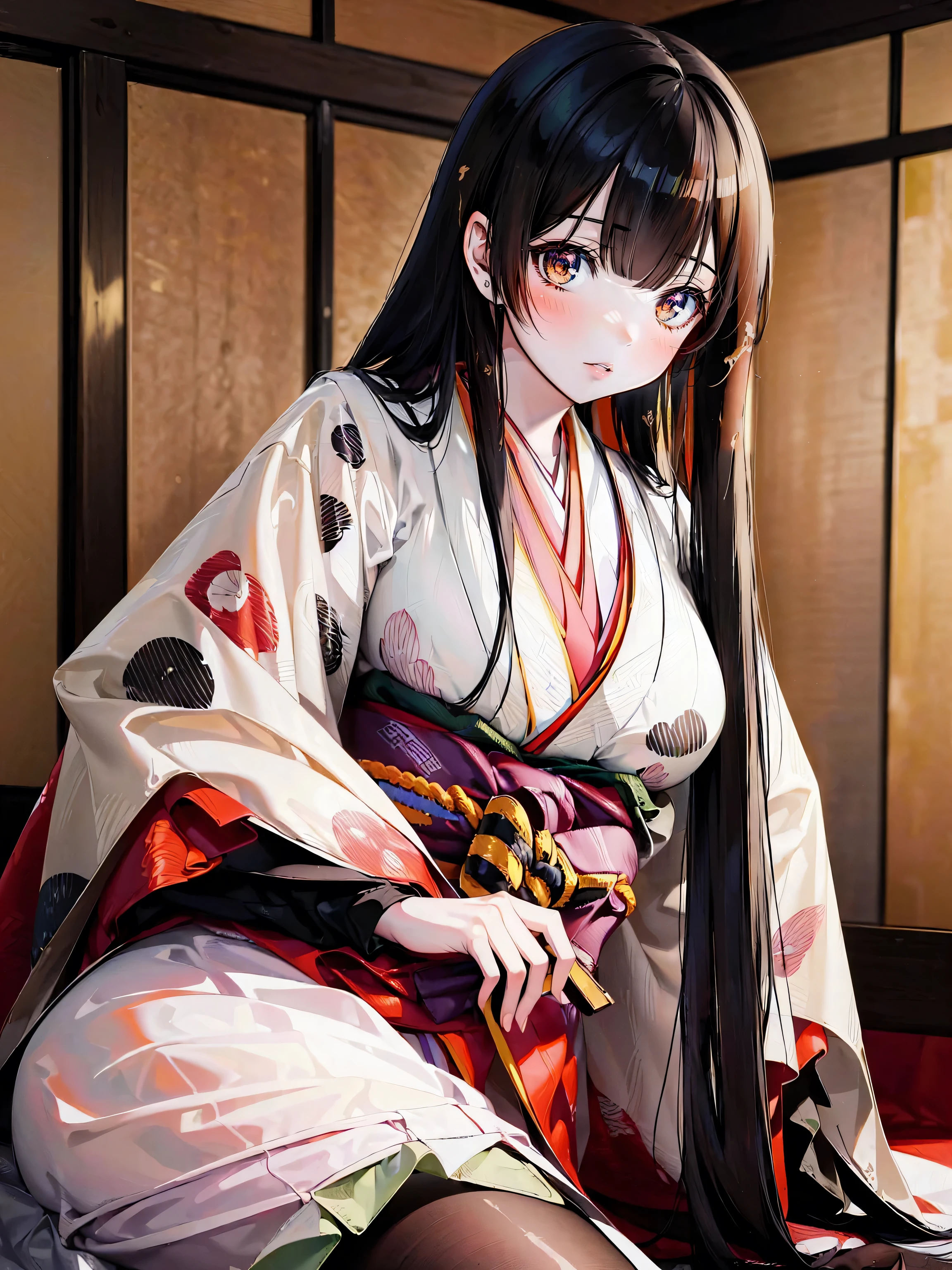 (solo japanese girl:1.3), (Straight long hair, Shiny and glossy black hair:1.3), Karaginu jacket, Long hakama, The cuffs and chest of the five-piece garment, Wearing Imperial Kimono, Imperial Patterns, (huge breasts), embarrassed, (from front, lying, on side, upper body:1.3), ((Superbly detailed drawing, ultra detailed, exquisite quality, absolutely resolution)), (moe animation art style:1.5), 