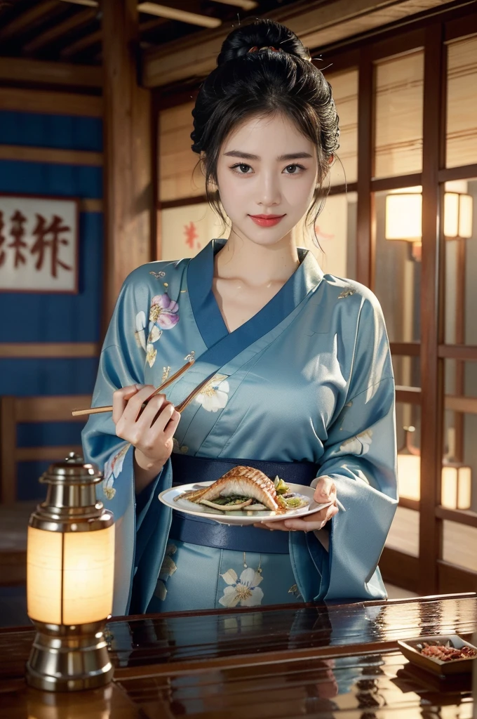 (((best quality))),(((ultra detailed))),(((masterpiece))),illustration,((1 beautiful Japannese girl,solo)),((slim,thin)),((small breasts,flat chest)),(in izakaya:1.3),(summer:1.2),(rainy:1.3),(indoor:1.2),(night scene:1.3),(wet:1.3),(collar:1.2),(blue floral kimono:1.3),neat bun,porcelain skin,rouge,dimly lit,warm glow,ethereal,(standing beside the table:1.3),sake bottle,half-empty glass,tray,grilled fish,steamed vegetables,half-eaten,melancholic smile,storm,solitude,enigmatic aura,tranquility,chaos,simplicity,mysterious,captivating,((from front,upper body))
